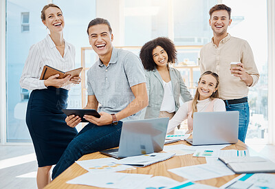 Buy stock photo Project management, digital marketing and collaboration team or business people with laptop, notebook and paperwork. Diversity in office with happy workers for about us or social media agency company