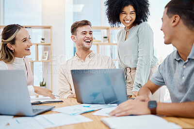 Buy stock photo Success, teamwork and happy business group working on laptop and doing paperwork in office together. Laughing colleagues checking report or documents while planning, chatting, joking and having fun