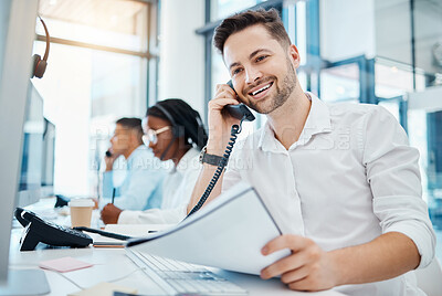 Buy stock photo Telemarketing, sales or customer service worker smiling and talking on a telephone selling insurance. Young happy call center agent excited by good news on the phone and working in an office