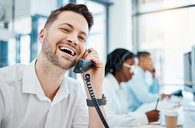 Buy stock photo Happy telemarketing worker call in office, corporate advertising company and laughing call center agent. Help desk colleague, business phone operator and customer service group support team working