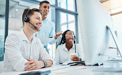 Buy stock photo CRM, call center and telemarketing or about us team during training or coaching with manager on computer in office. Collaboration, teamwork and diversity at customer support agency with good feedback