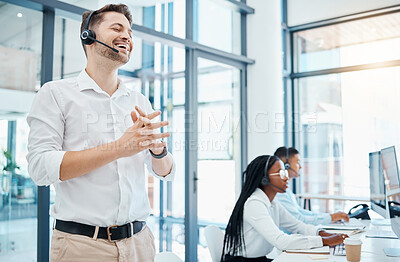 Buy stock photo Happy sales man, call center agent and customer service support operator for target success, loan consulting advice and expert business communication. Leading consultant for crm office telemarketing