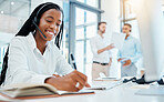 Call center manager, agent or customer service help desk worker consulting, contact us and telemarketing with client. happy working, support consultant or employee writing and planning with headset. 
