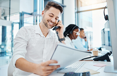 Buy stock photo Telemarketing training and web help man on an office phone consultation with a work script. Happy internet call center and crm customer support consultant working on digital tech customer service
