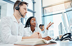 Call center, customer service and leader training employee on telemarketing strategy on contact us computer in office. Coaching, talking or collaboration teamwork thinking and planning of crm support