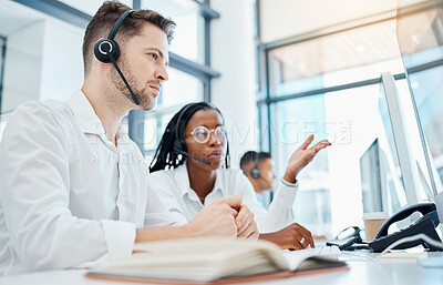 Buy stock photo Call center, customer service and leader training employee on telemarketing strategy on contact us computer in office. Coaching, talking or collaboration teamwork thinking and planning of crm support