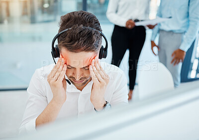 Buy stock photo Headache, stress and in pain call center telemarketing support or customer service consultant at company. Burnout overworked and tired man or contact us help desk consulting agent sick with migraine