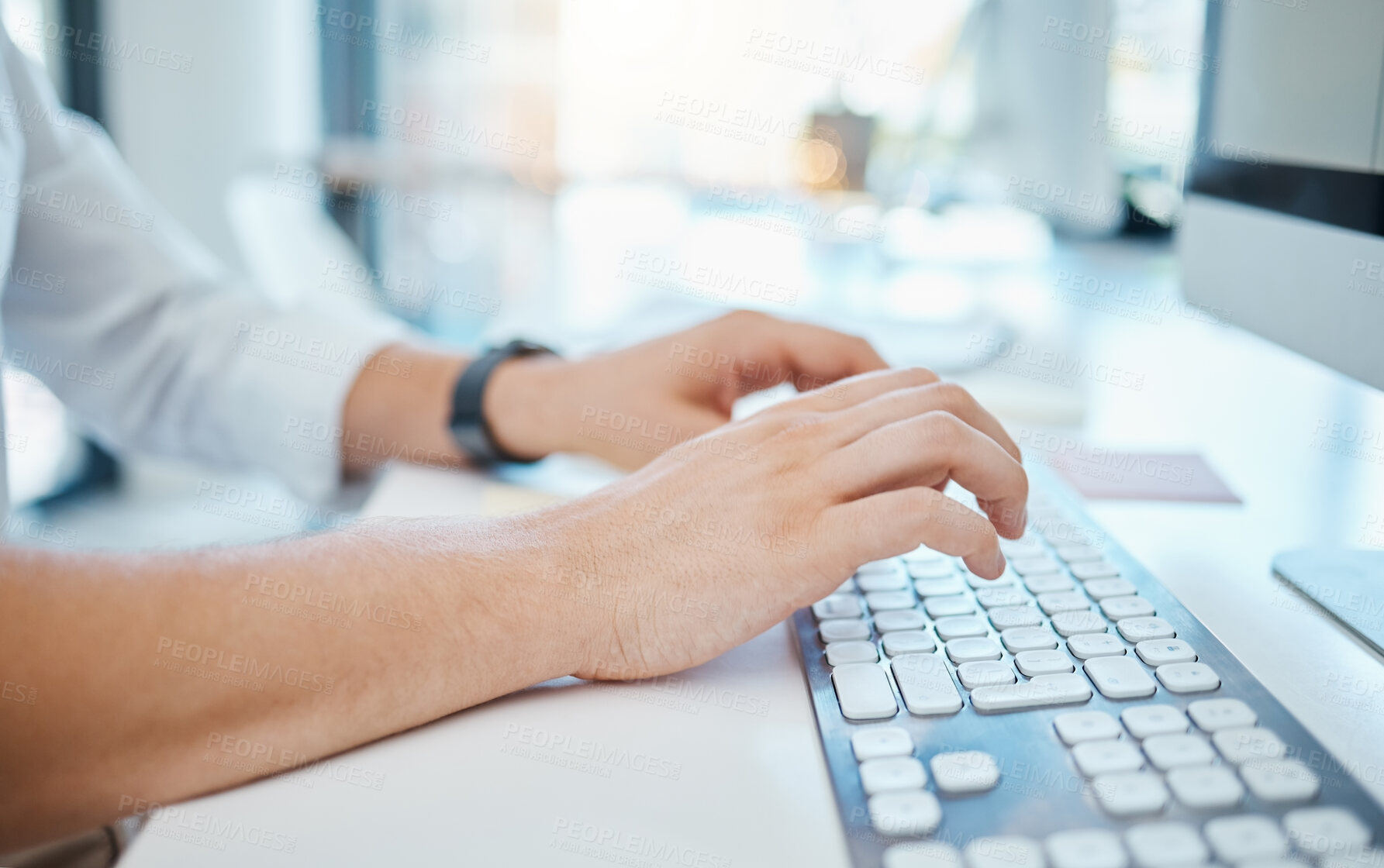 Buy stock photo Closeup of businessman hands typing on keyboard of computer in corporate, creative and business office. Employee doing research on internet or programming web development and design with technology.