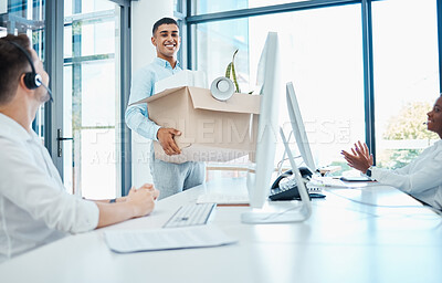 Buy stock photo We are hiring, recruitment and employment of a happy man or manager moving to a new office with his box in a call center. Staff welcome excited new management, office worker or hired employee