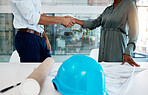 Architecture, shaking hands and a thank you handshake by engineer with a successful business customer. Professional b2b partnership deal or agreement after global development project strategy meeting