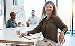 Business woman, employee and startup worker in meeting at work, doing advertising partnership with team and workshop for training in office. Portrait of a happy and young entrepreneur in seminar