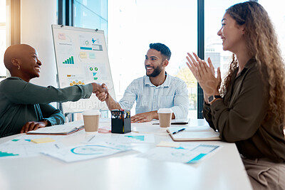 Buy stock photo Handshake, deal and teamwork with a team in collaboration on a partnership in a meeting for planning and strategy. Applause, vision and mission of a startup company for growth and development