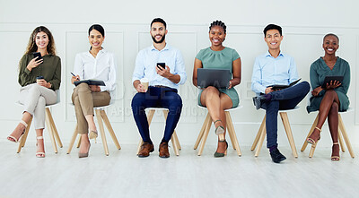 Buy stock photo Diversity and ux web design team interview with technology waiting for recruitment or hiring team. Portrait of online webdesign people ready to recruit for a cyber, tech and digital work logo
