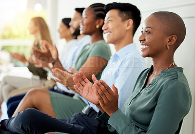 Buy stock photo Motivation, applause and celebrating success with audience of business men and women clapping hands in meeting for achievement. Happy crowd listening to vision and good results in seminar conference