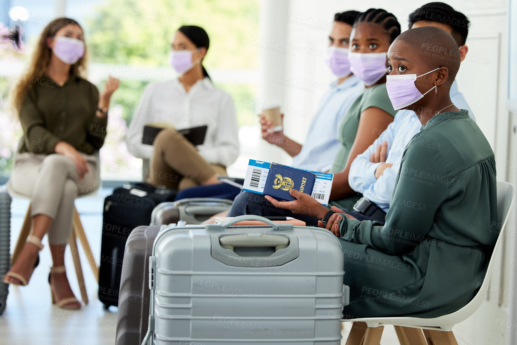 Buy stock photo Travel, passport and covid compliance people with mask at airport for safety from corona virus traveling business class. Business people in global inclusivity with airplane ticket and luggage