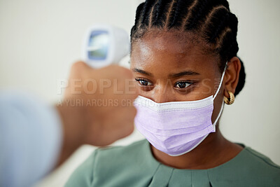 Buy stock photo Covid, mask or doctor with an infrared thermometer to take temperature and consulting a woman patient with a fever in an appointment. Healthcare, medicine and wellness with a female at the hospital
