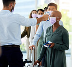 Airplane, passport and people get covid medical risk check or test for travel healthcare safety in airport. Man, women and crowd with transport tickets in face masks waiting in queue with luggage