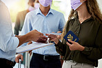 Covid, passport and travel with airport security reading paperwork of a passenger or woman refugee for immigration and safety. Security, document and flight with a female in the corona virus pandemic