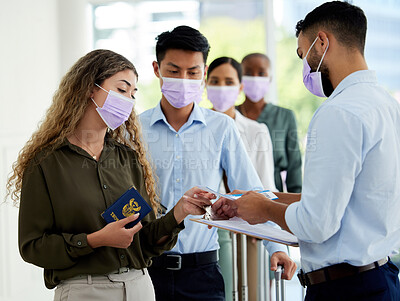 Buy stock photo Covid passport, airport travel restrictions and ticket id at security queue border for immigration traveler. Compliance officer checking passenger safety info, transport document and risk certificate