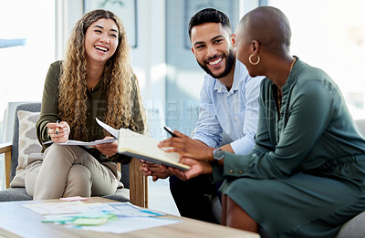 Buy stock photo Happy business people smile during a planning meeting in a startup marketing agency office. Diversity, collaboration and teamwork in a healthy work environment in an international advertising company