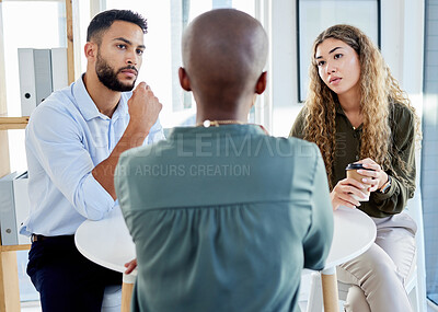 Buy stock photo Business meeting, serious discussion or b2b negotiation with HR, leader or manager at a table . Communication, advisor or mentor talking, explaining and planning with team for problem solving idea