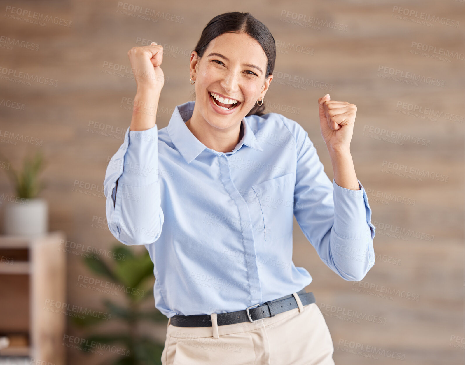 Buy stock photo Happy, winner and business woman in success, yes celebration for investment, motivation or innovation in corporate office. Employee, designer and goals with worker in growth or digital agency company