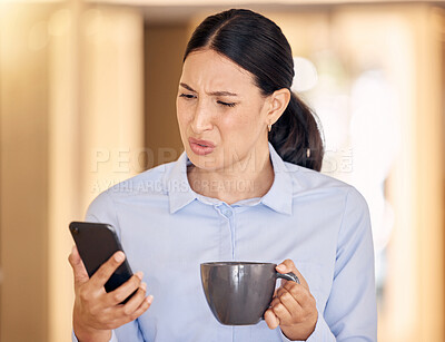 Buy stock photo Annoyed, confused and stressed woman on phone reading an article on an online website. Disgusted business lady browsing on social media or the internet with smartphone at office with cup of coffee.