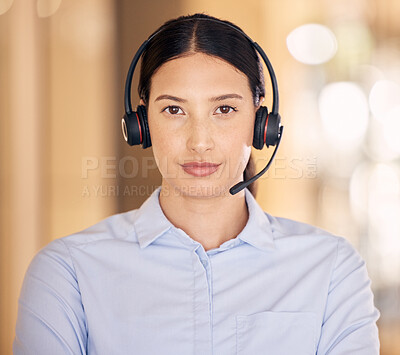 Buy stock photo Telemarketing, contact us and customer service support agent ready to provide a good online service. Portrait of a serious sales consultant working at a call center. Tough agent looking ambitious
