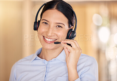 Buy stock photo Call center agent, employee and worker with smile and headphone working at telemarketing company and helping people online at work. Portrait of face of happy customer service worker consulting
