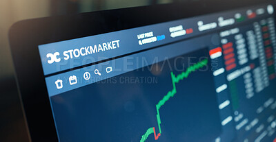 Buy stock photo Stock market, digital and crypto of bitcoin blockchain graphs in online trading and screen showing profit increase. AI data of forex currency for investing, investment and NFT, ecommerce or exchange.