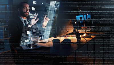 Buy stock photo Corporate man with futuristic hologram analytics for work planning and strategy for success of business. Overlay of businessman or person with digital tech or technology innovation for company future