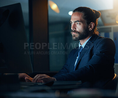 Buy stock photo Business, office and night with a corporate employee working on a computer and the internet in a company. Technology and networking for global communication or an international deal across time zones