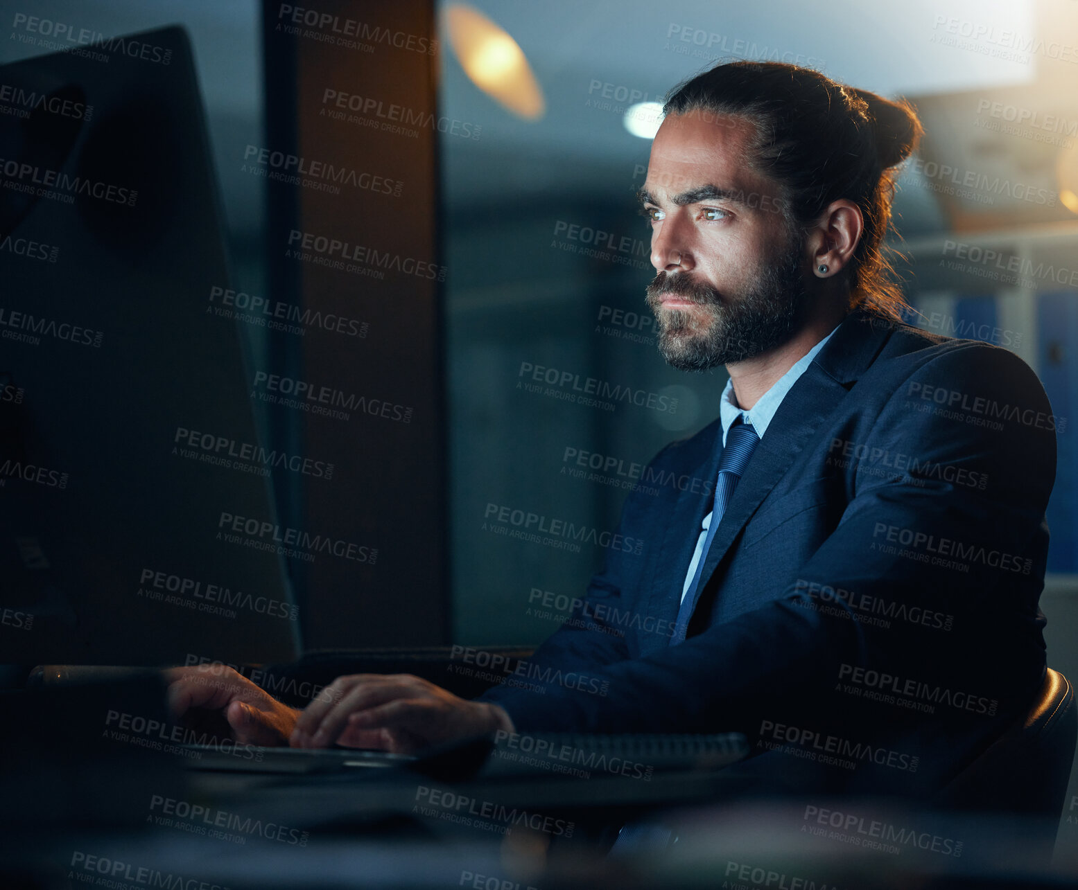Buy stock photo Business, office and night with a corporate employee working on a computer and the internet in a company. Technology and networking for global communication or an international deal across time zones