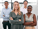 Diversity, marketing and business team portrait of startup social media advertising company. Business people, management or employee in office building together in support, teamwork and collaboration