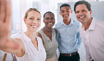 Buy stock photo Business people taking selfie together at work, creative collaboration in team meeting and office friends in workplace at startup company. Portrait of worker and employee with smile for motivation