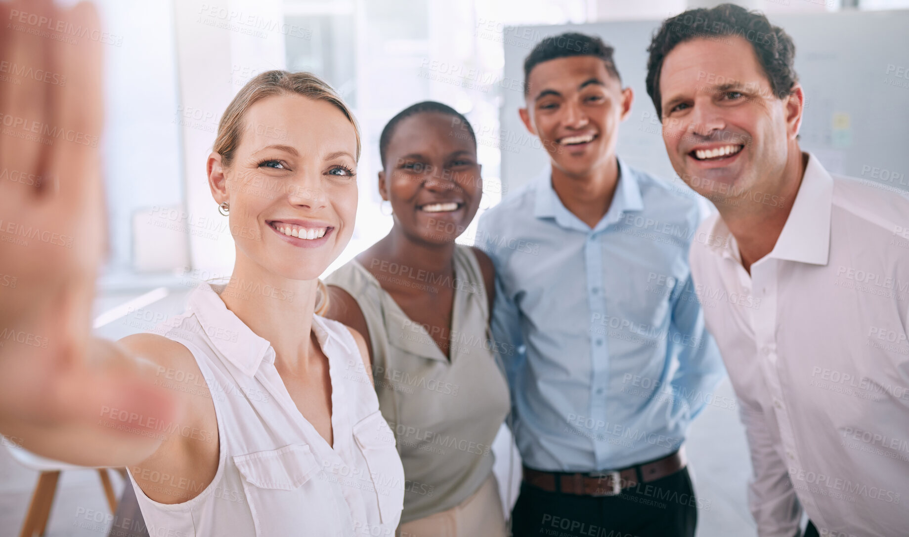 Buy stock photo Business people taking selfie together at work, creative collaboration in team meeting and office friends in workplace at startup company. Portrait of worker and employee with smile for motivation