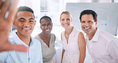 Buy stock photo Business friends, selfie and diversity in corporate meeting with unity and happy workforce staff. Trust, solidarity and professional company office with inclusive colleagues and employees.