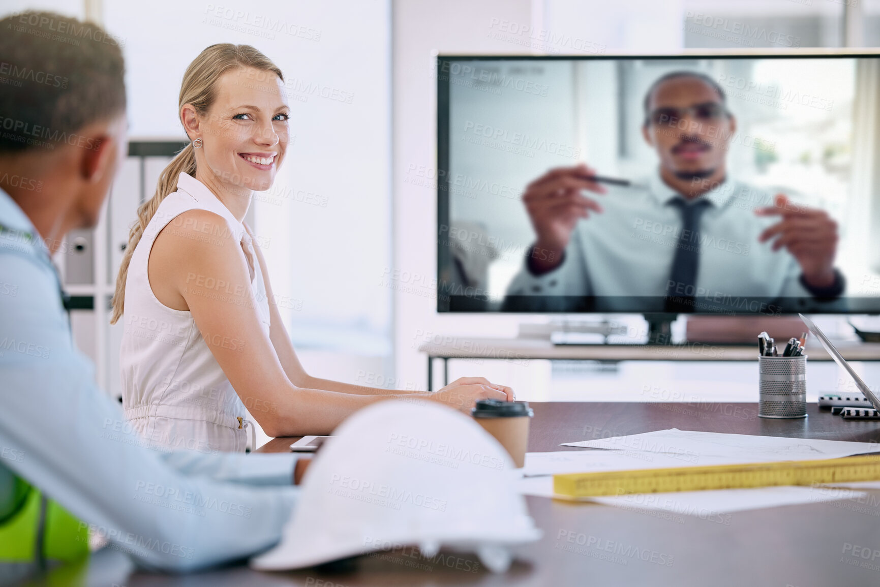 Buy stock photo Architects, engineers and employees in virtual video call in boardroom at work, woman with smile in remote seminar and meeting with management online. Portrait of worker in architecture conference