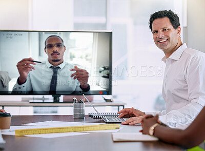 Buy stock photo Business man in virtual video conference at work, planning global strategy with team in meeting and working on an international webinar st startup company. Portrait of worker with smile in workshop