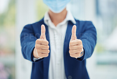 Buy stock photo Thumbs up hands of businessman with mask for covid or covid 19 pandemic with success in health and safety.  Corporate management man, manager or person in agreement and say thank you for healthcare