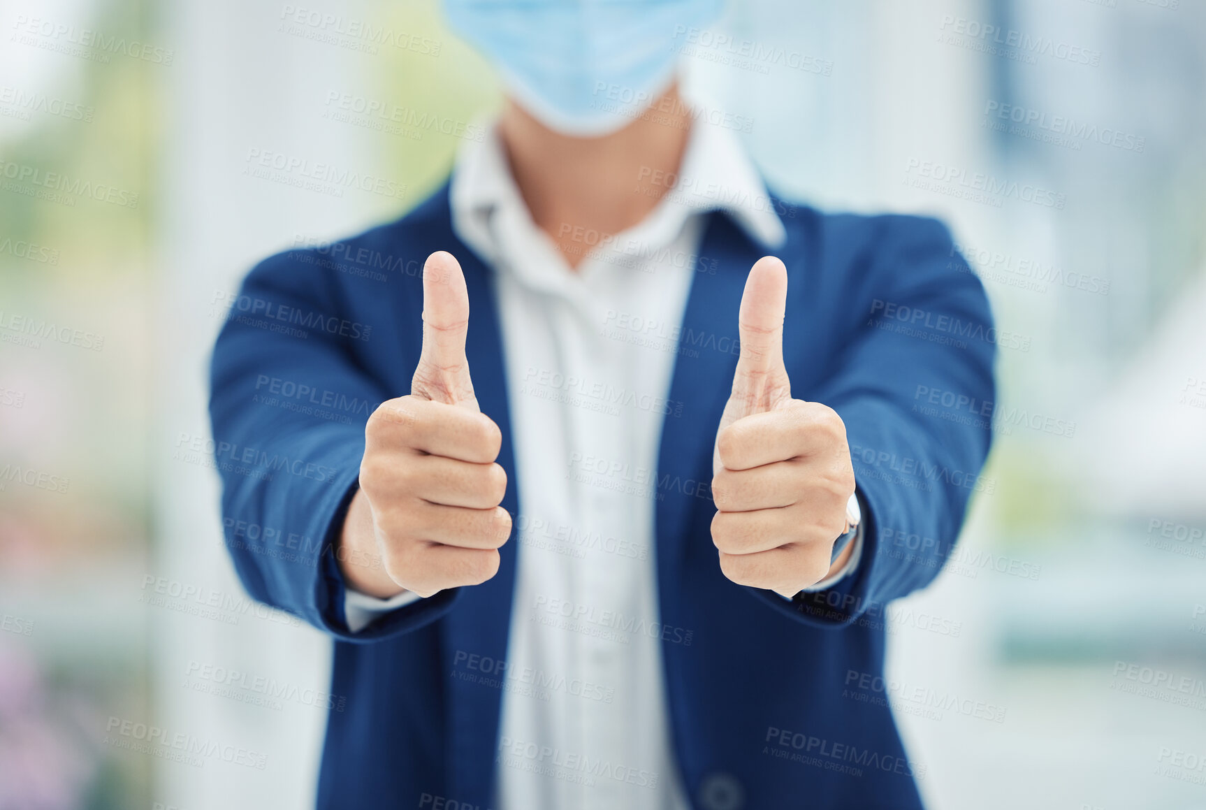 Buy stock photo Thumbs up hands of businessman with mask for covid or covid 19 pandemic with success in health and safety.  Corporate management man, manager or person in agreement and say thank you for healthcare