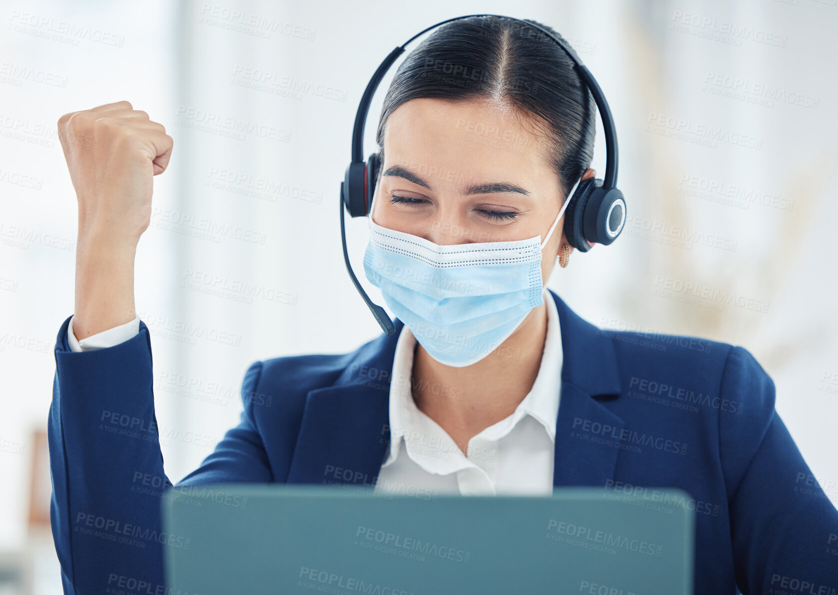 Buy stock photo Call center worker in celebration of work success, giving support to person in online communication and happy about win in telemarketing industry. Woman with covid face mask cheeering with laptop