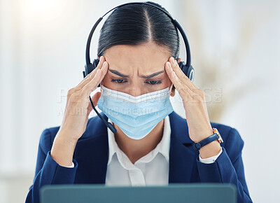 Buy stock photo Burnout, headache and pain call center agent working on laptop, headset and medical face mask. Tired, stress and frustrated customer service or contact us woman working on computer with 404 error