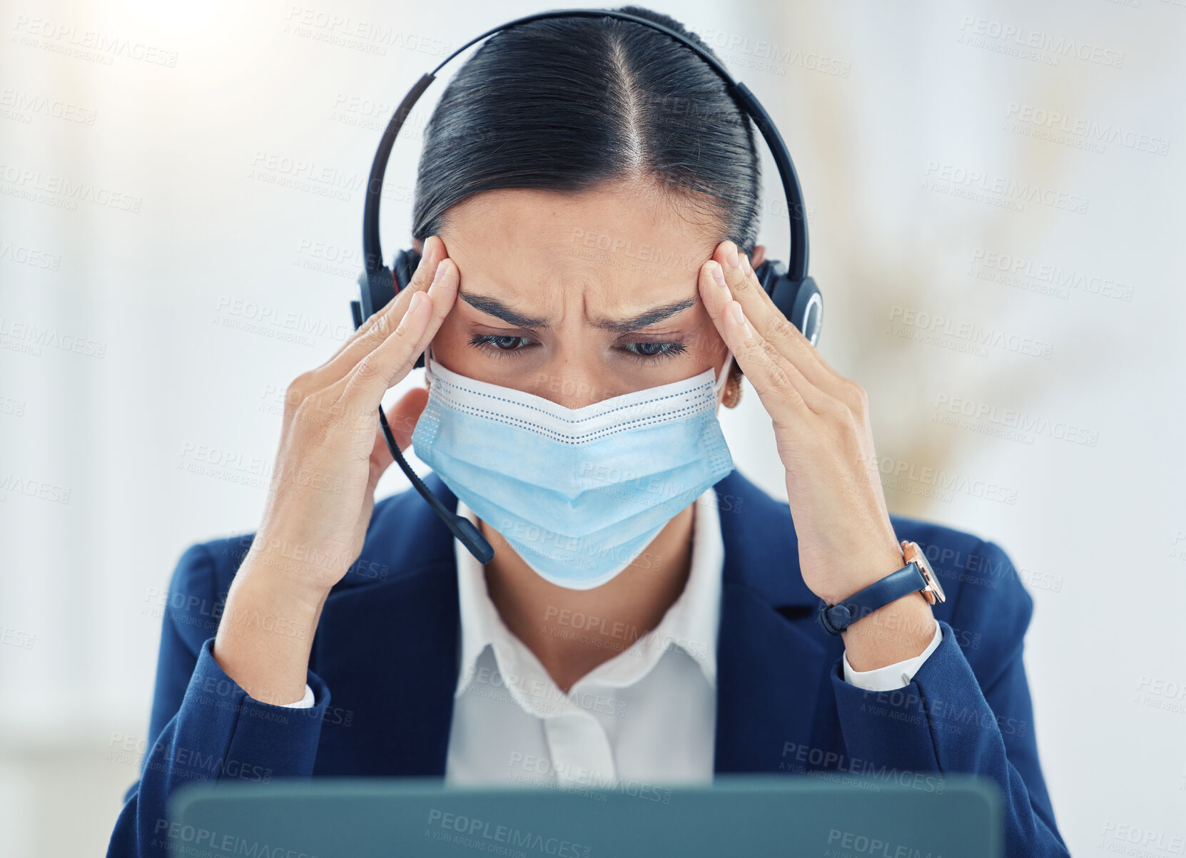 Buy stock photo Burnout, headache and pain call center agent working on laptop, headset and medical face mask. Tired, stress and frustrated customer service or contact us woman working on computer with 404 error