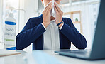 Sick business woman with covid, virus or allergies blowing running nose or sneezing with tissue in office. Entrepreneur or corporate worker with health illness, sneeze and flu employee with cold