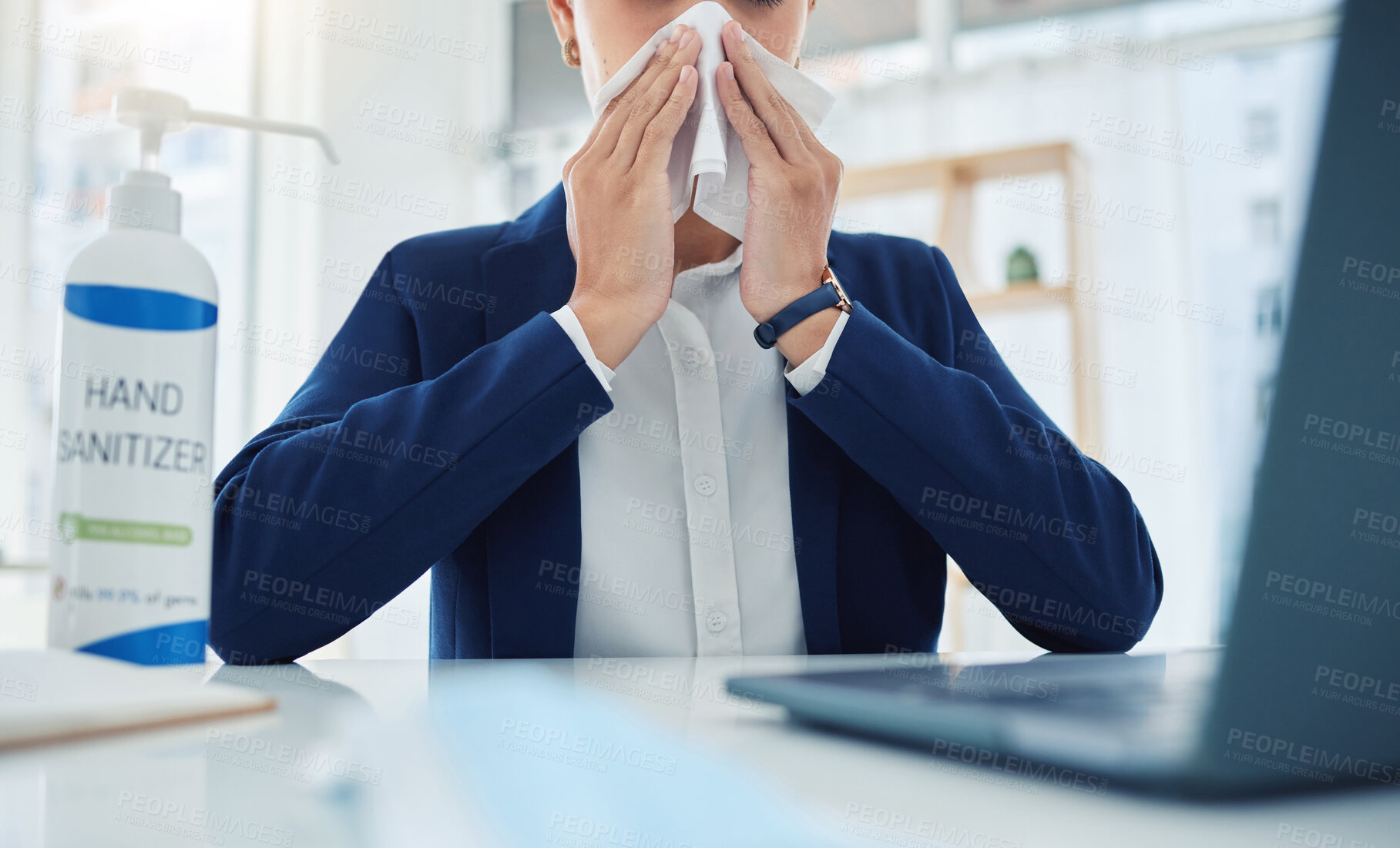 Buy stock photo Sick business woman with covid, virus or allergies blowing running nose or sneezing with tissue in office. Entrepreneur or corporate worker with health illness, sneeze and flu employee with cold