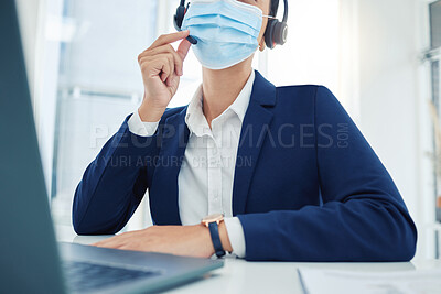 Buy stock photo Covid call center, sales woman and marketing agent with face mask networking, talking and consulting with expert communication in office. Telemarketing, crm and business employee in corona pandemic