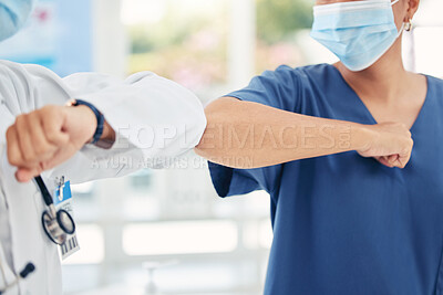 Buy stock photo Healthcare, hospital and women in medicine elbow greeting and communication in covid pandemic. Social distancing, face mask and safety against virus at work, doctor and nurse greet at medical center.