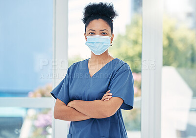 Buy stock photo Nurse, healthcare black woman with a covid face mask in confident portrait. Innovation, leadership and proud medical nursing professional, surgeon or health employee with vision for success in career