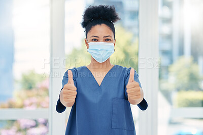 Buy stock photo Thumbs up nurse, doctor and surgeon in covid hospital, clinic and surgery for healthcare success, trust and support. Portrait of medical worker with hand emoji for motivation, agreement and good news